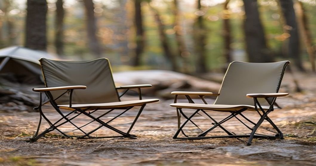 Two different camping chair styles side-by-side in a campsite setting: one with high protective armrests and one slim minimalist design, showing the visual difference in profile and comfort, warm sunset lighting